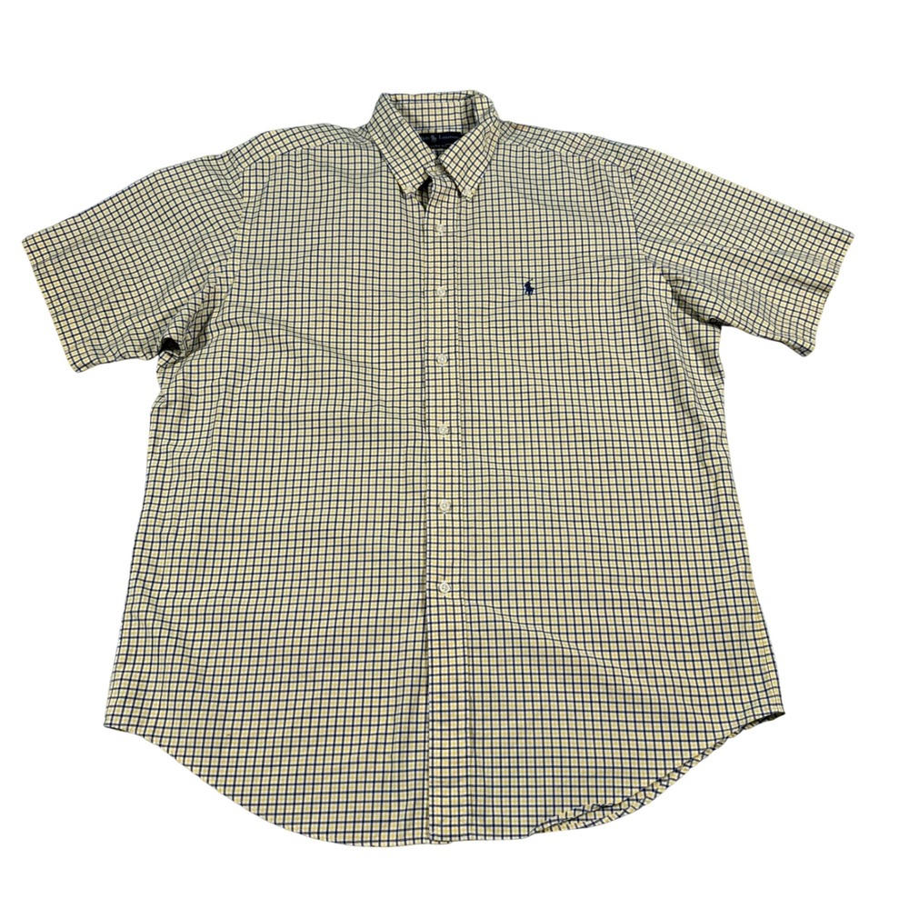 Ralph Lauren Button Down Shirt Mens L Yellow Navy Check Classic Fit Short Sleeve